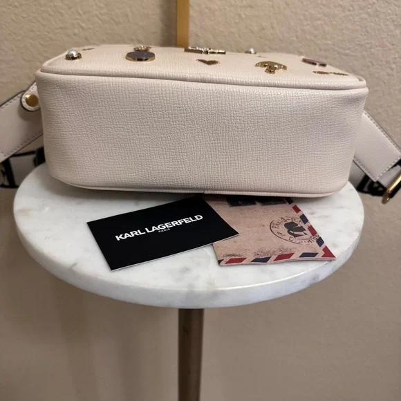 NWT KARL LAGERFELD Maybelle beige fun Embellished pins Crossbody Bag double zip - Picture 6 of 6